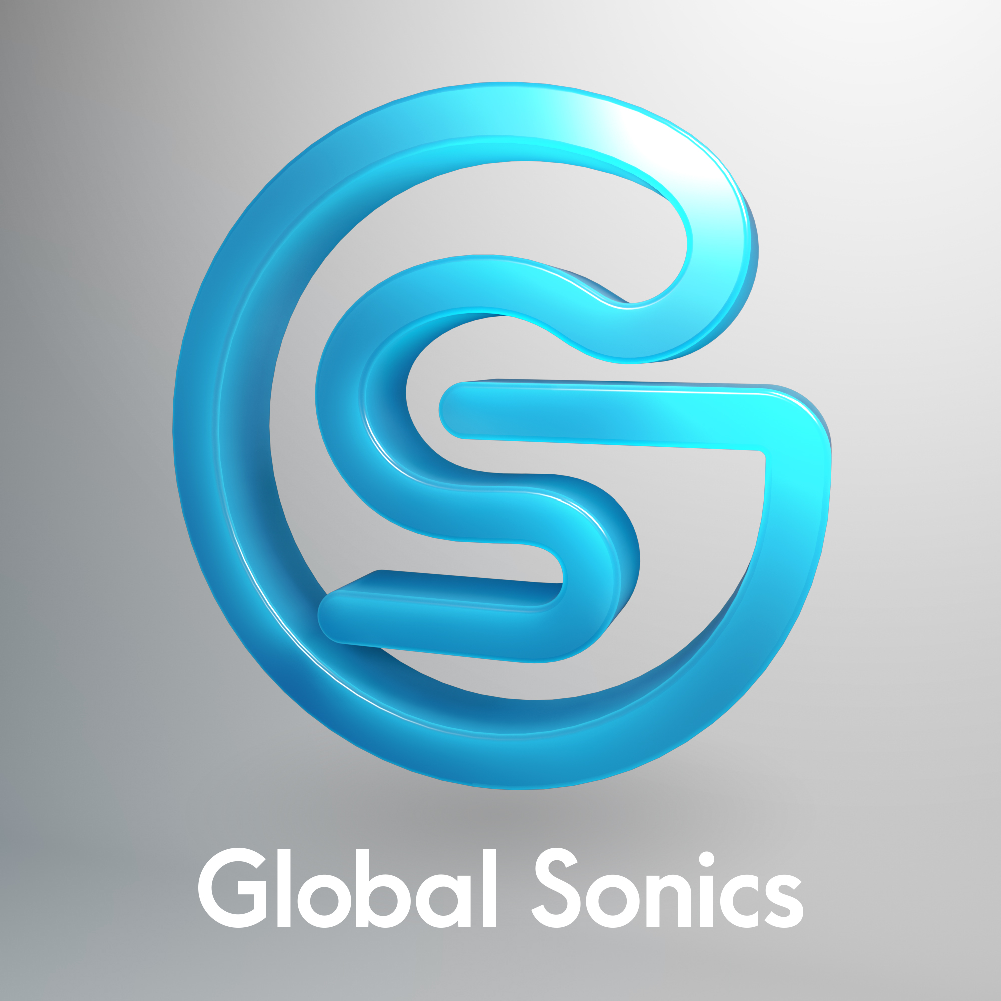 Global Sonics - 3D logo, grey background and white text